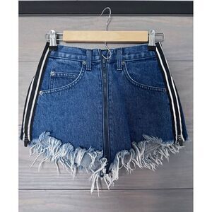 Carmar Beatrice Zip Front Denim Jean Micro Skirt Reflective‎ Stripes Raw Hem 24